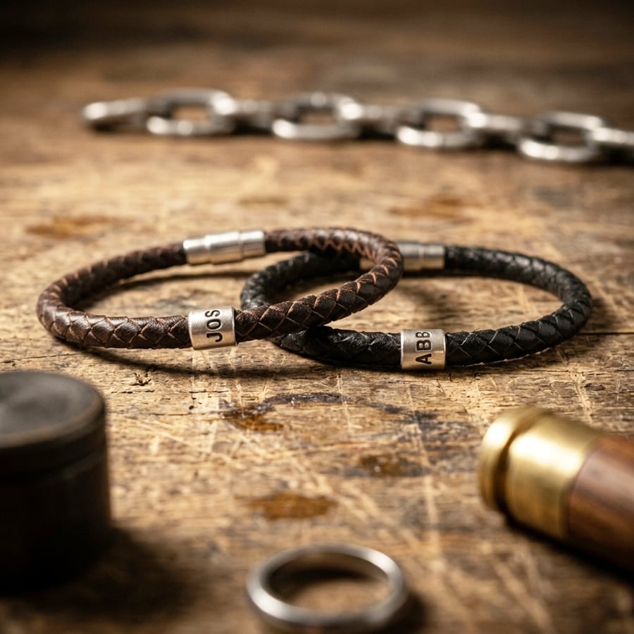 Personalised Leather Bracelet with Hand Stamped Sterling Silver Ring