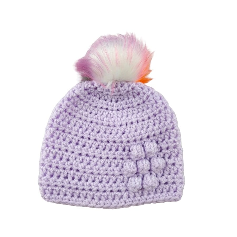 Lilac baby crocheted hat white faux fur pompom with orange purple & pink 