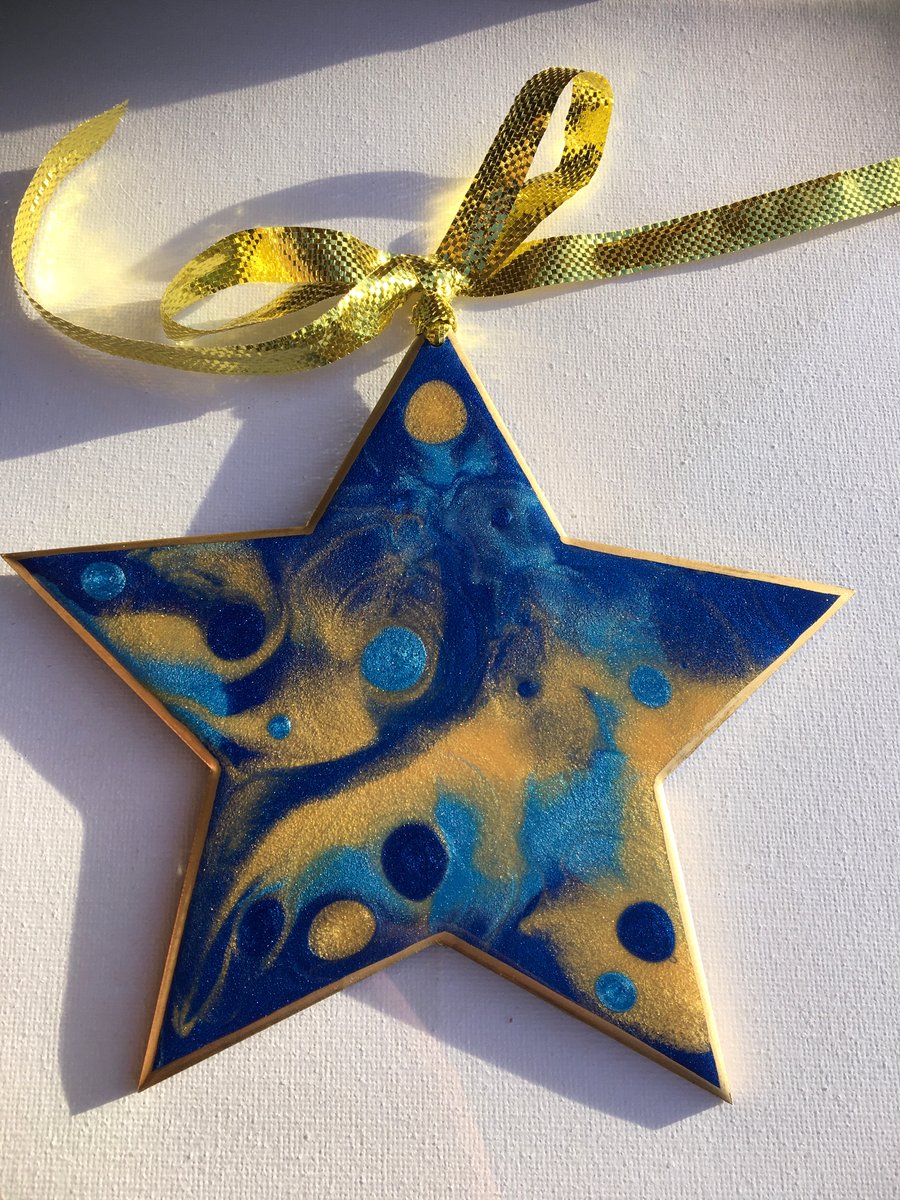 Christmas decoration, abstract, star, ornament , shimmering blue, bright gold 