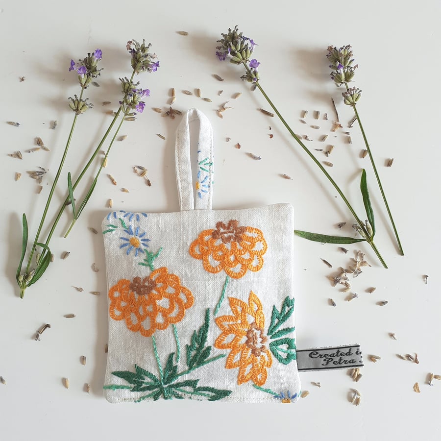 Lavender bag upcycled yellow flowers vintage embroidery 