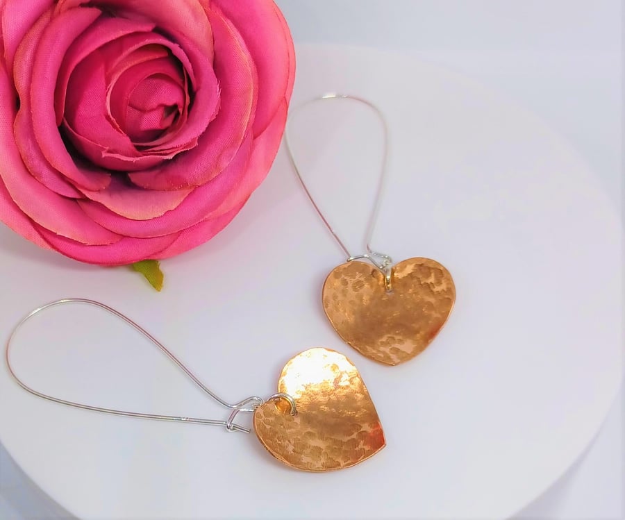 Hammered Copper Heart Earrings, Sterling Silver Earrings, Copper and Silver Earr