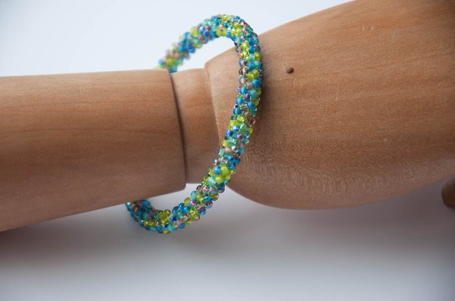 Lime, turquoise and lilac beadwoven bangle