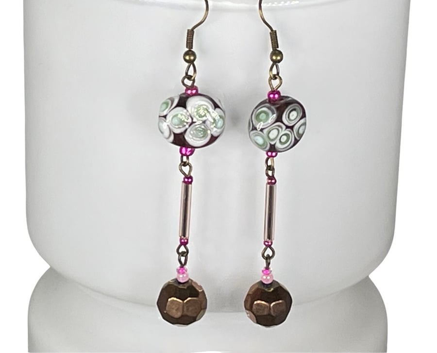 ART DECO EARRINGS pink blush Czech glass Toho beads tube beads lampwork