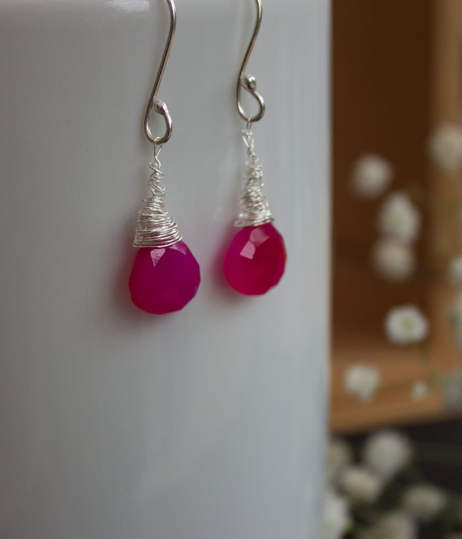 Ruby Faceted Bead Wire Wrapped Drop Earrings Valentine's Day Gift