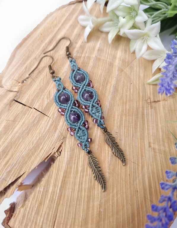Amethyst Macrame Dange Earrings with Feather charms