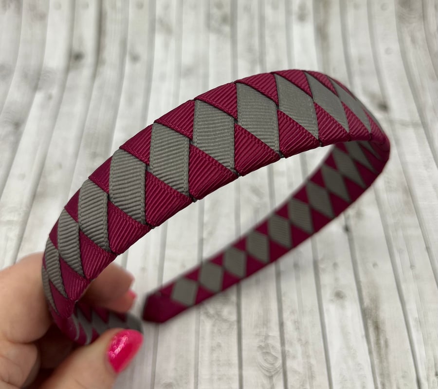 School Wine and Grey Diamond Pleated Hairband