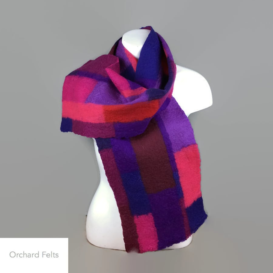 Felted patchwork scarf in shades of red, blue, pink and purple