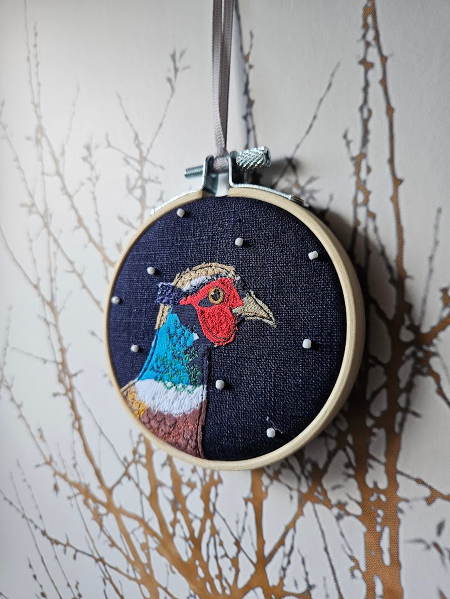 Handmade fabric Pheasant Christmas mini hoop hanging decoration, navy