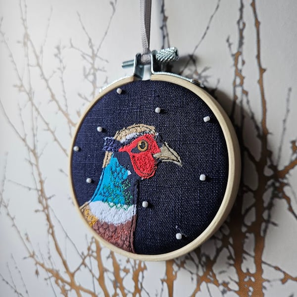 Handmade fabric Pheasant Christmas mini hoop hanging decoration, navy