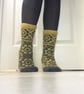 Hand knit Grey Yellow Wool Socks Fair Isle Floral Nordic Winter Christmas  - Image 1