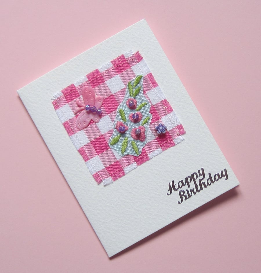 SALE Vintage Embroidery and Butterfly Birthday Card