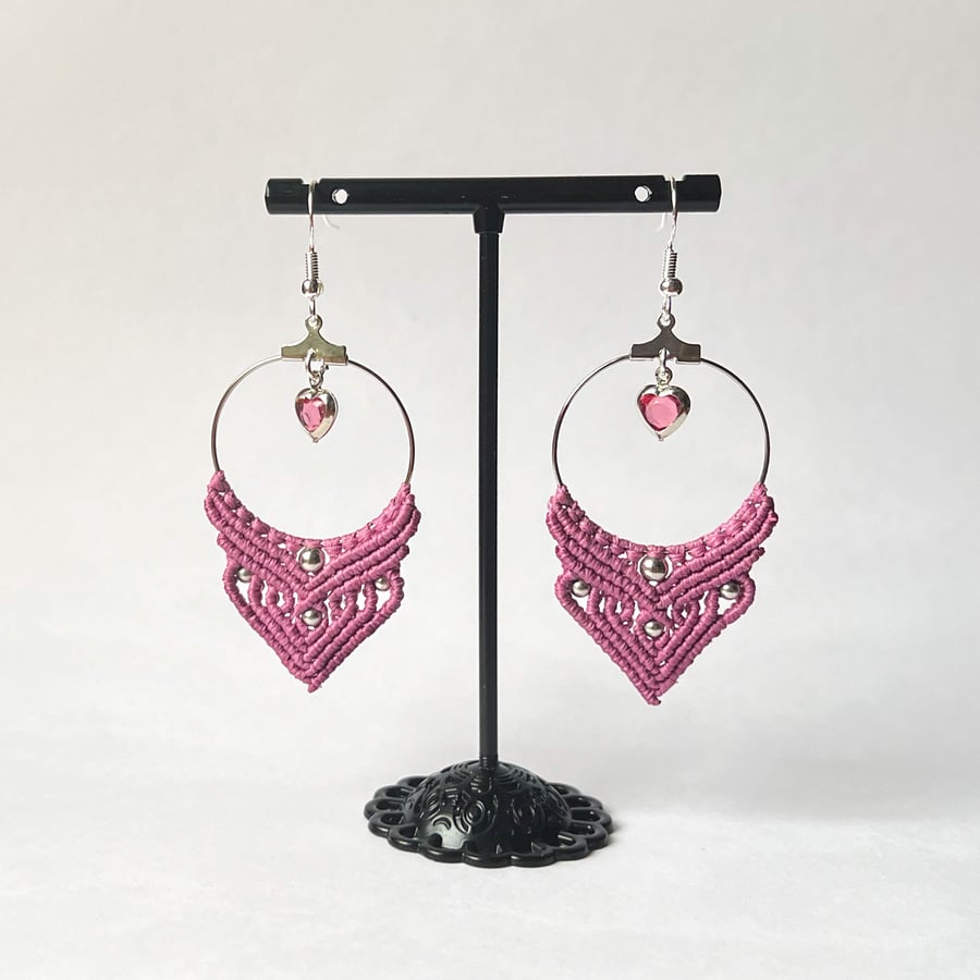Earrings - Macrame Hoop Pink heart FREE UK P&P