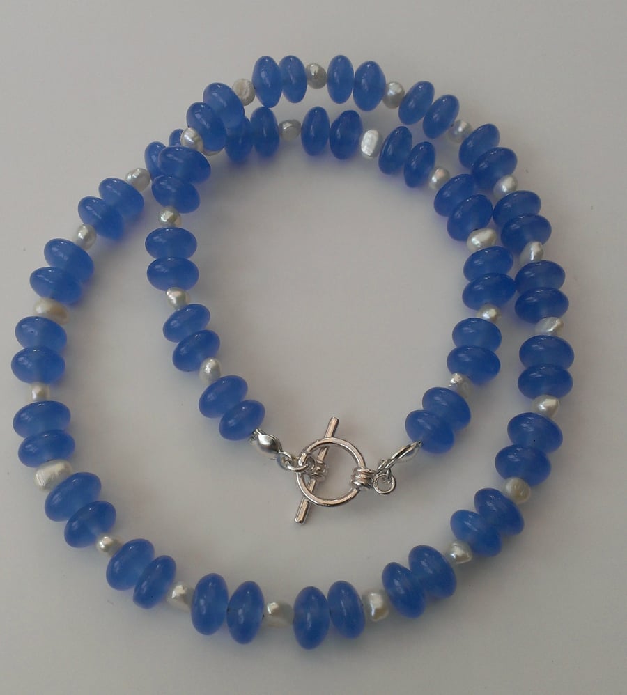SALE Freshwater Pearl & Blue Glass Bead Necklace