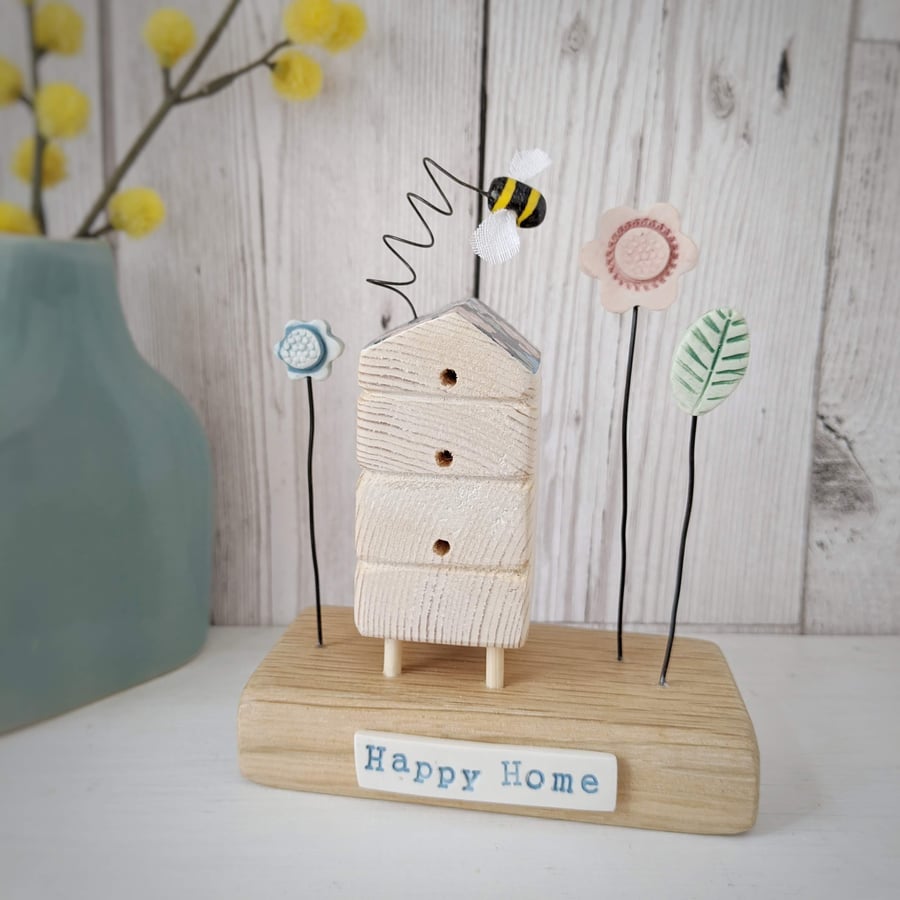 Wooden Beehive With Clay Flower Garden and Bee 'Happy Home'