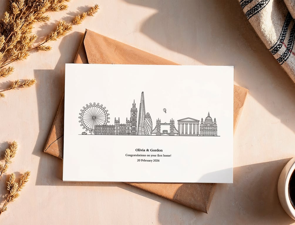 Personalised London Greeting Card, Hand Drawn Black and White Cityscape