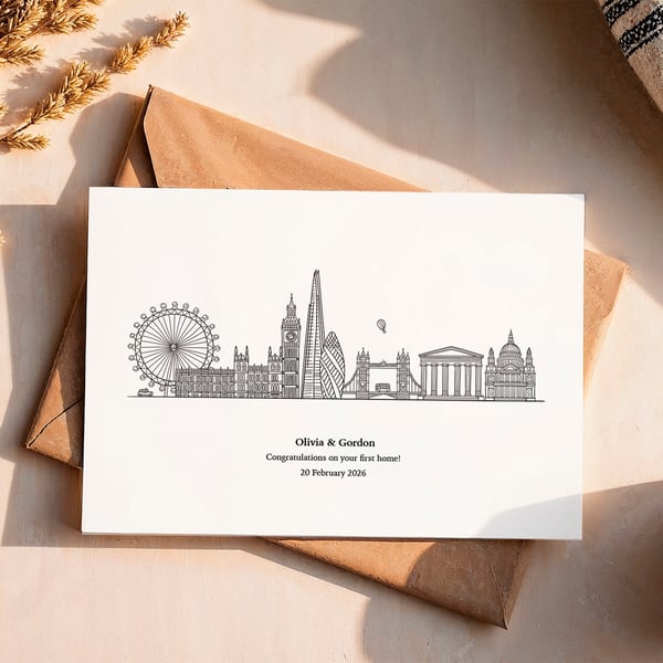 Personalised London Greeting Card, Hand Drawn Black and White Cityscape