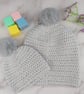 Grey Crochet Mum and Baby Matching Hats, Faux Fur Pom Beanie Set - Image 5