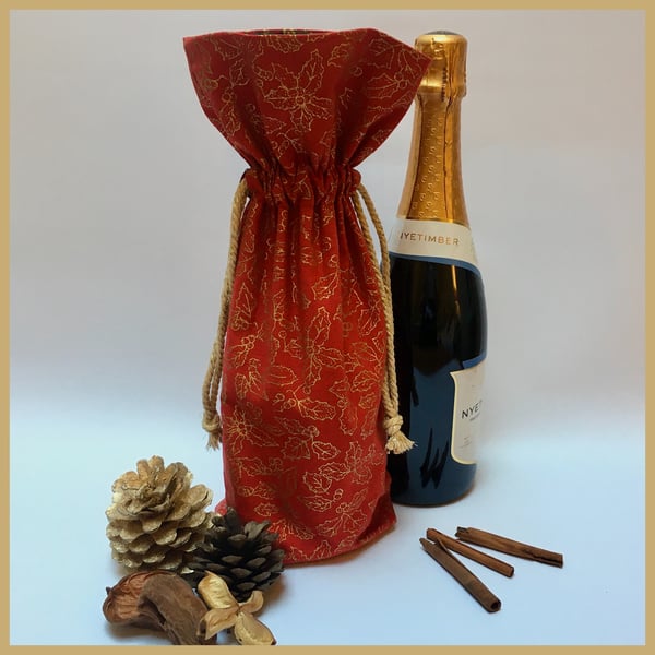 Wine Bag Red and Gold Christmas Holly Bottle Bag Reusable 