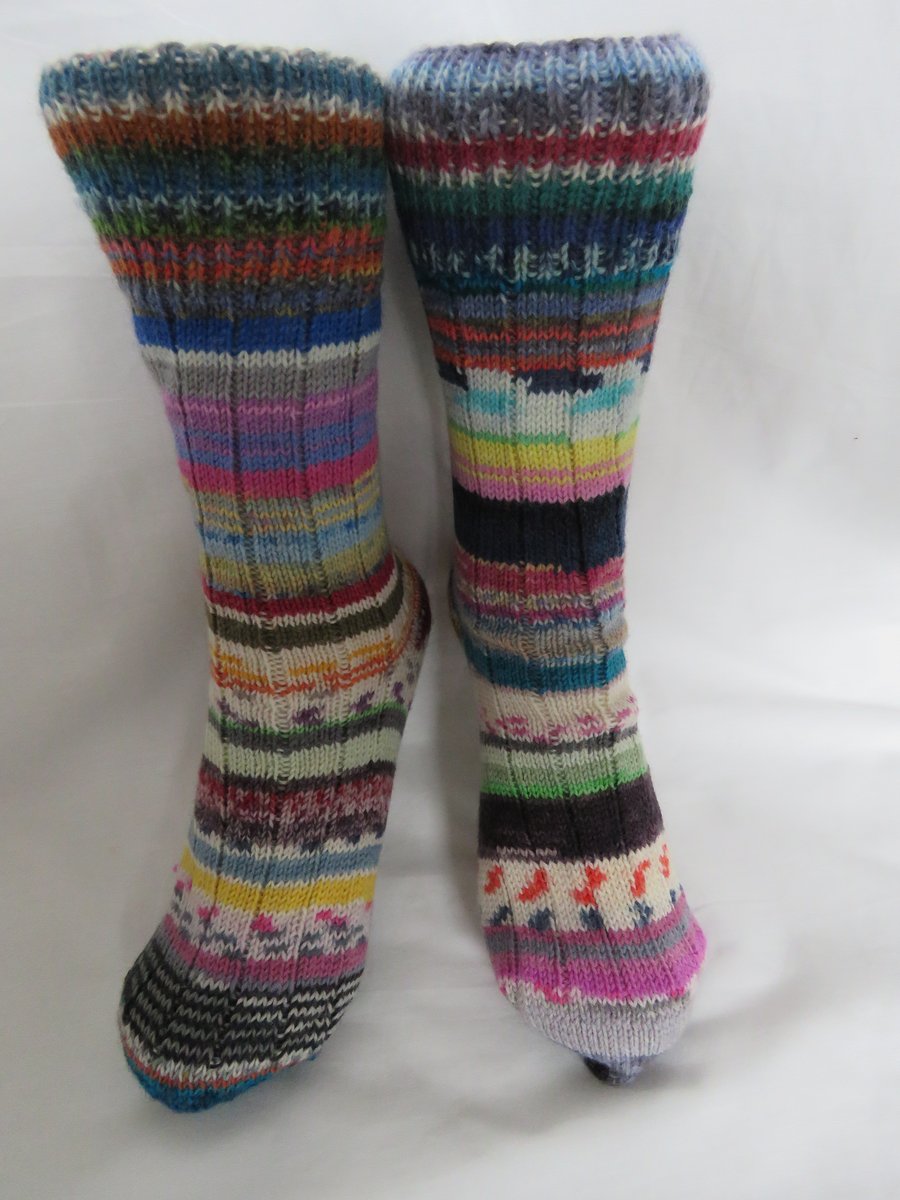 Hand-cranked Frankensox Knitted Ribbed Wool Socks Size 8 to 9