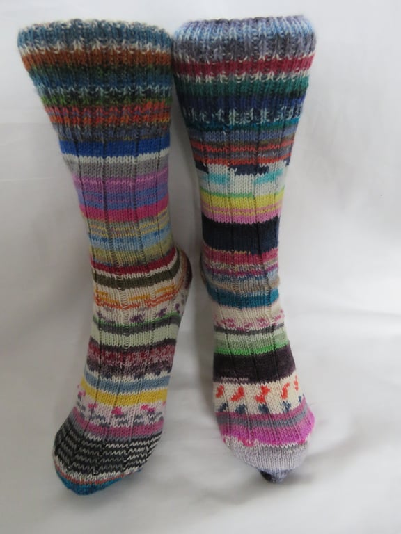 Hand-cranked Frankensox Knitted Ribbed Wool Socks Size 8 to 9