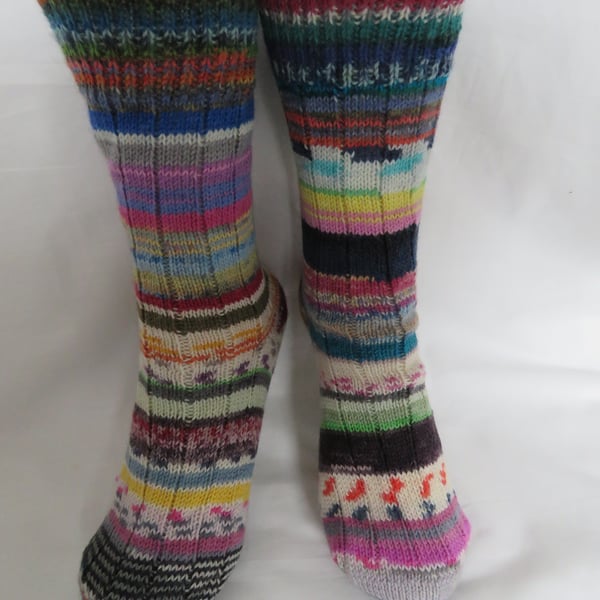 Hand-cranked Frankensox Knitted Ribbed Wool Socks Size 8 to 9