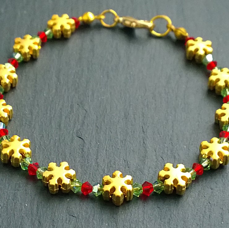 Golden Matte Snowflake Winter Bracelet with Swa Folksy