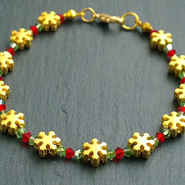 Golden Matte Snowflake Winter Bracelet with Swarovski Crystals, Christmas, Yule