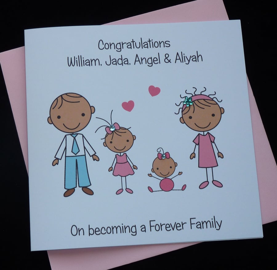 Handmade Personalised Adoption -Forever Family Card-black-african american-asian