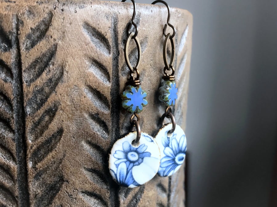 Blue & White Artisan Ceramic Earrings. Floral Pottery Earrings. Flower Earrings