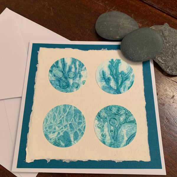 Original seaweed gelli print greetings card