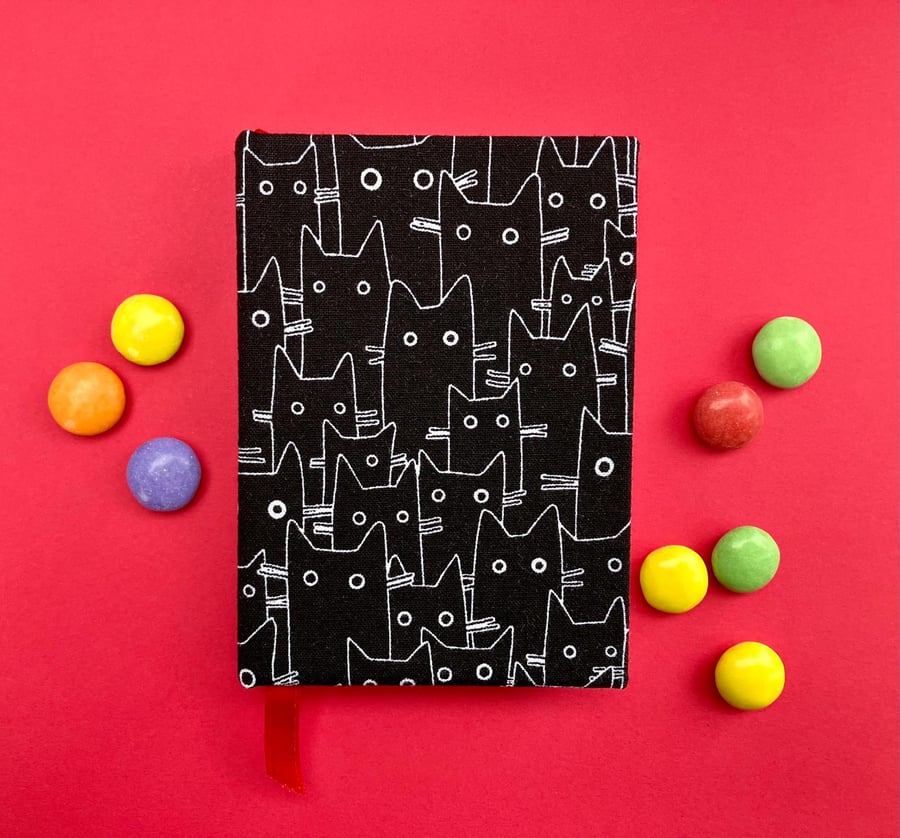 Handmade Mini A7 Black Cat Notebook, Sketchbook, Journal - Red