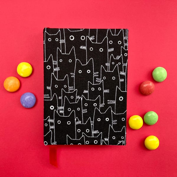 Handmade Mini A7 Black Cat Notebook, Sketchbook, Journal - Red