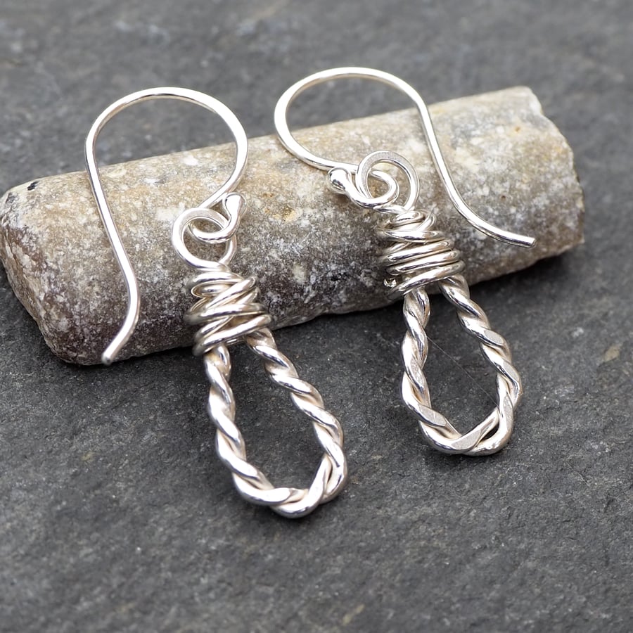 Twisted silver tear drop earrings, Dangle drop earrings