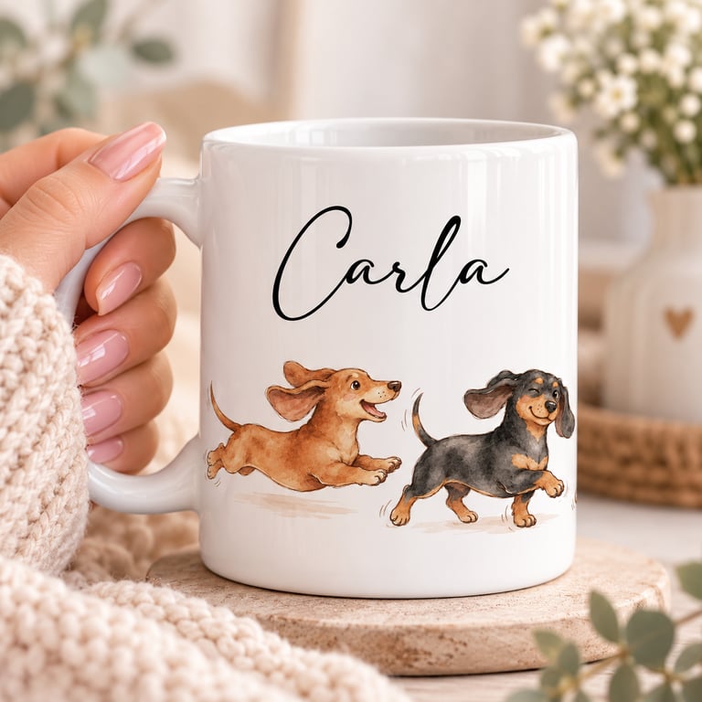 Personalised Sausage Dog Mug with Name – Dachshund Lover Gif