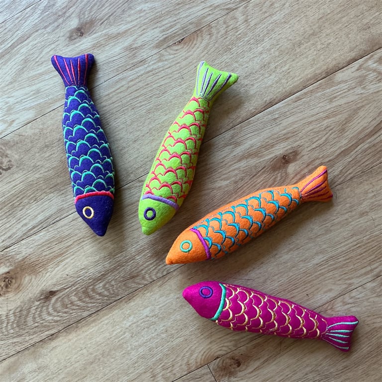 Embroidered Nordic fish , catnip kicker toy.