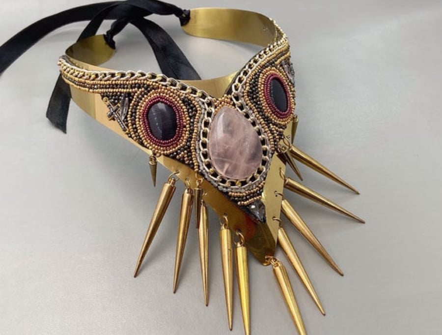 Gold Metal Bib V Shaped Necklace with Rose Quartz & Spikes 