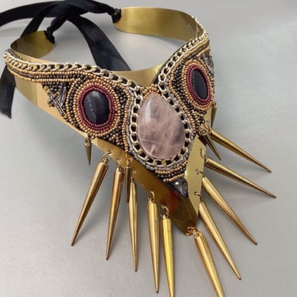 Gold Metal Bib V Shaped Necklace with Rose Quartz & Spikes 