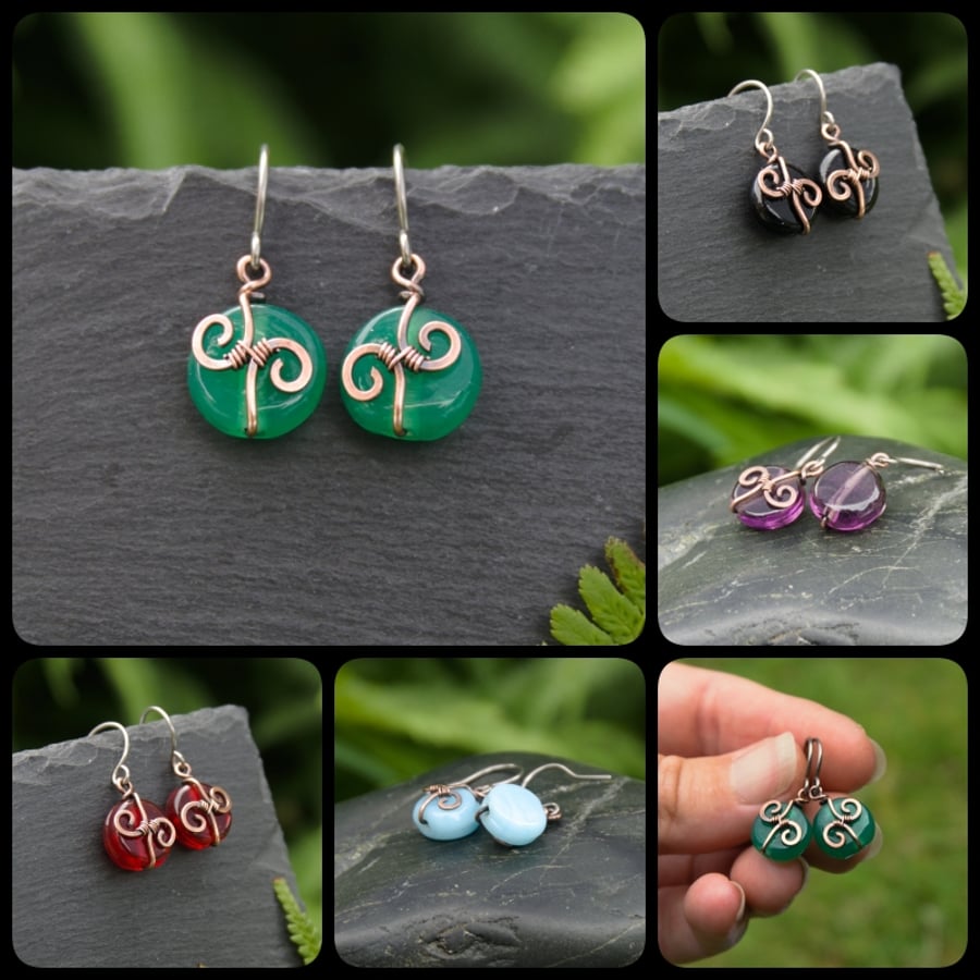 SALE - Swirly Copper and Glass Disc Bead Earrings - Range of Colours