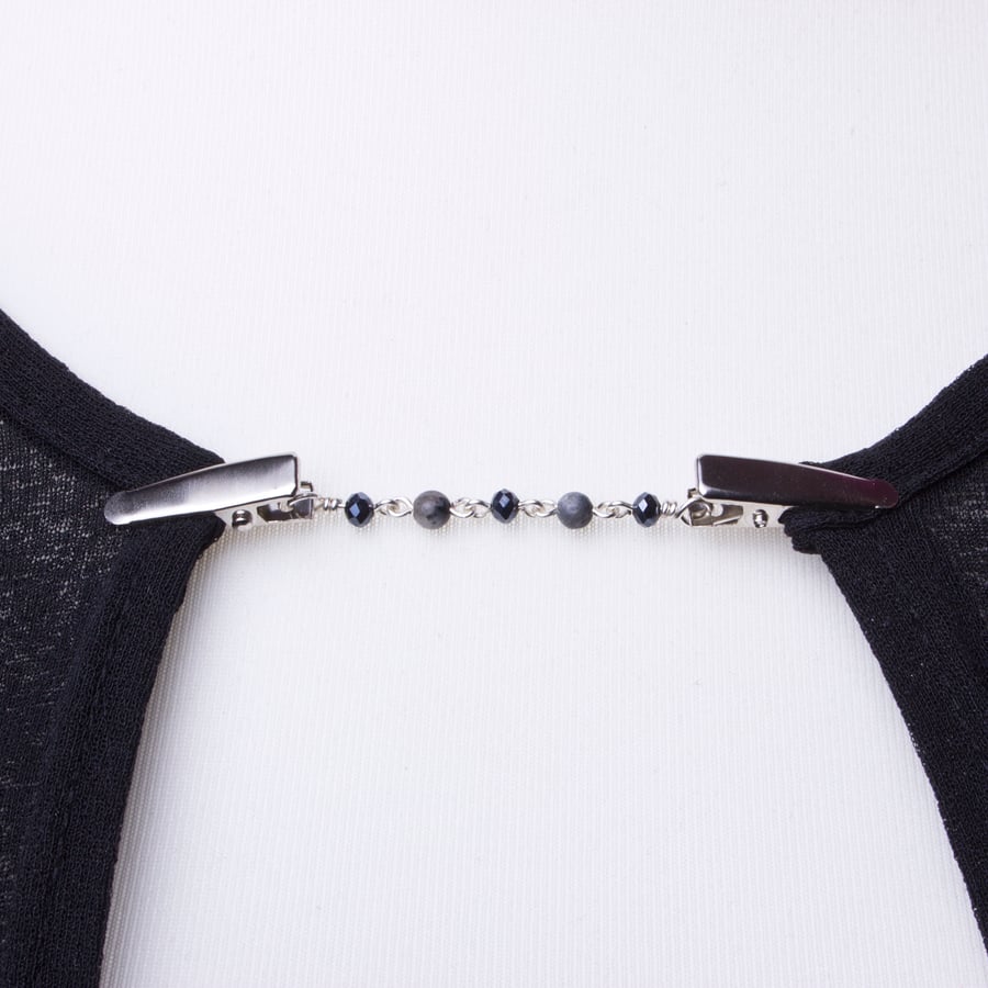 Gemstone sweater clip - Labradorite and Grey bead cardigan guard - Shawl clasp 