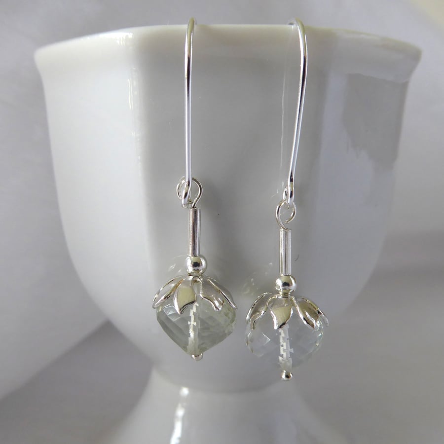 Green Amethyst Flower Bud Earrings with Sterling & Fine Silver