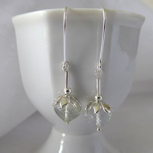 Green Amethyst Flower Bud Earrings with Sterling & Fine Silver