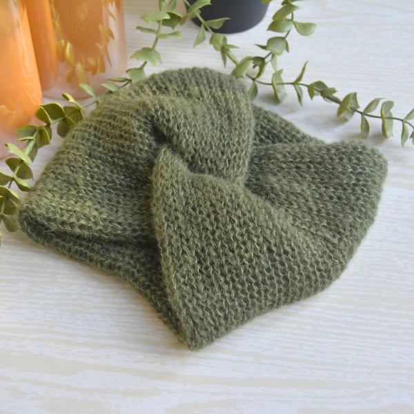 Knitted Headband Earwarmer Soft Alpaca Silk Garden Moss Green Ready Made