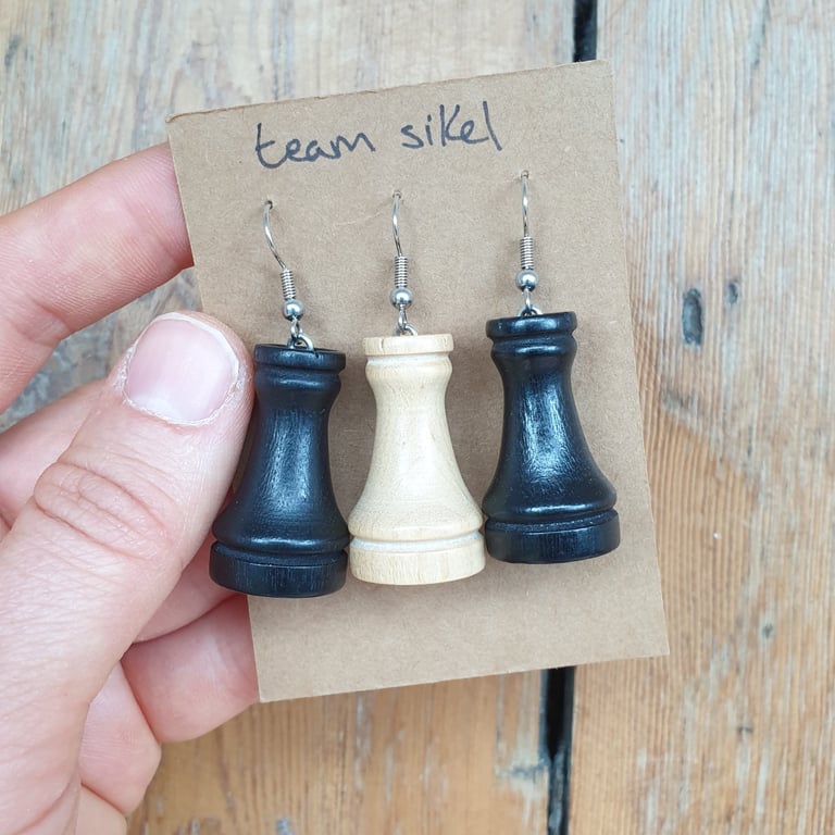 Castle Rook Earrings - Set of Three: Black and Pale Wood - Upcycled