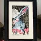 Framed Original Hare Rabbits with Mushrooms under the Moon Watercolour 