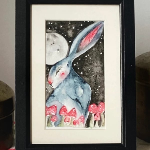 Framed Original Hare Rabbits with Mushrooms under the Moon Watercolour 
