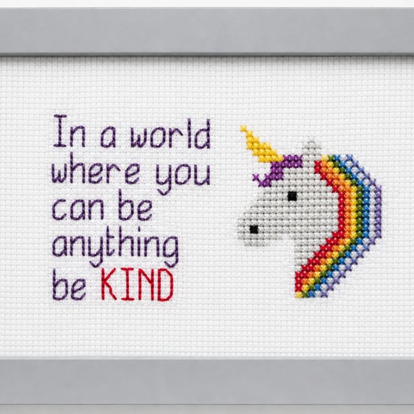 Framed unicorn picture in cross stitch