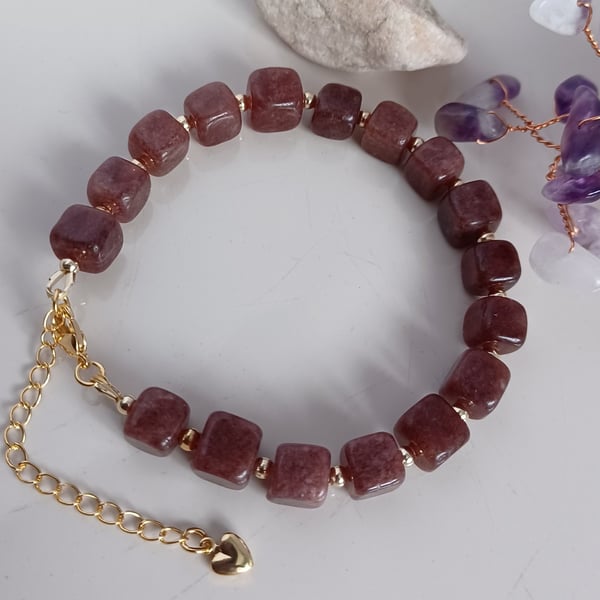 Handmade Square Bead Bracelet, Toned Quartz Gemstone Jewellery for Women 