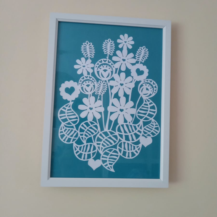 Handmade Framed Papercut Hearts and Flowers