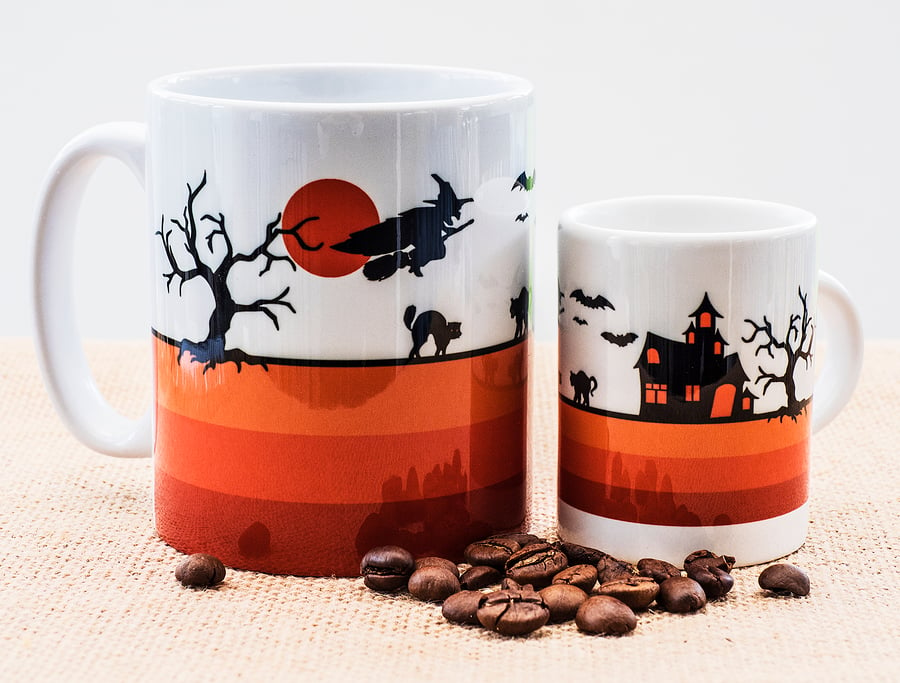 Orange Halloween Coffee Espresso Mug Gothic Black Cat Witch Spooky House Samhain