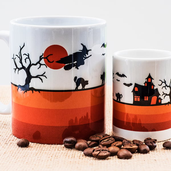 Orange Halloween Coffee Espresso Mug Gothic Black Cat Witch Spooky House Samhain